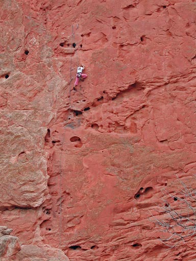 Climber on Credibility Gap, South Gateway Rock, Garden of the Gods, Colorado Springs, Colorado.
