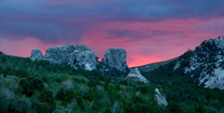 Sunset behind Upper and Lower Breadloaves, City of Rocks, Idaho