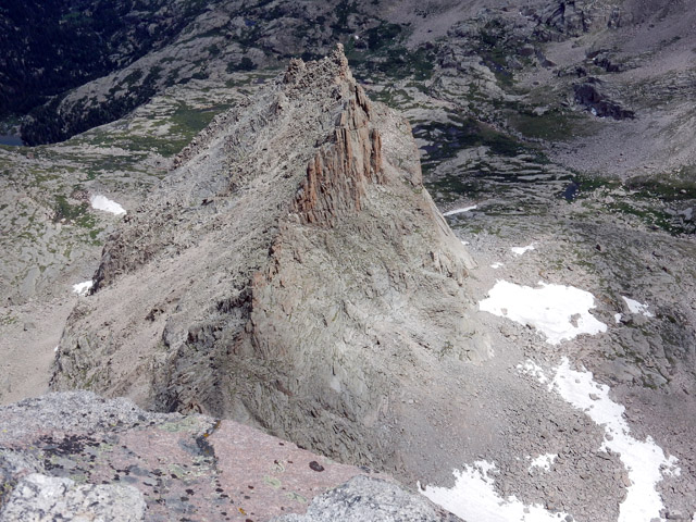 Chiefs Head Peak summit view looking down at Spearhead in the Glacier Gorge, RMNP, Colorado