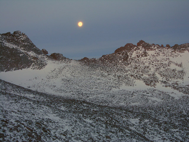 Winter moon setting over the Keyhole Ridge, between Longs Peak and Storm Peak