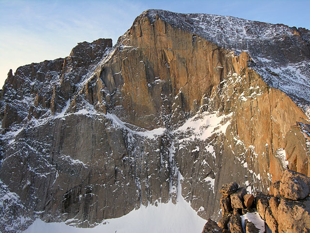 Early morning winter view of the Diamond Wall of Longs Peak
