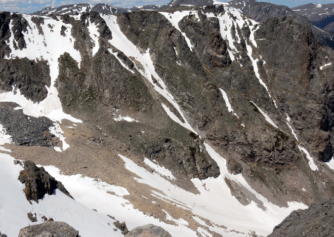 View from the SE end of the Odessa Gorge rim looking across to the Notchtop Couloirs