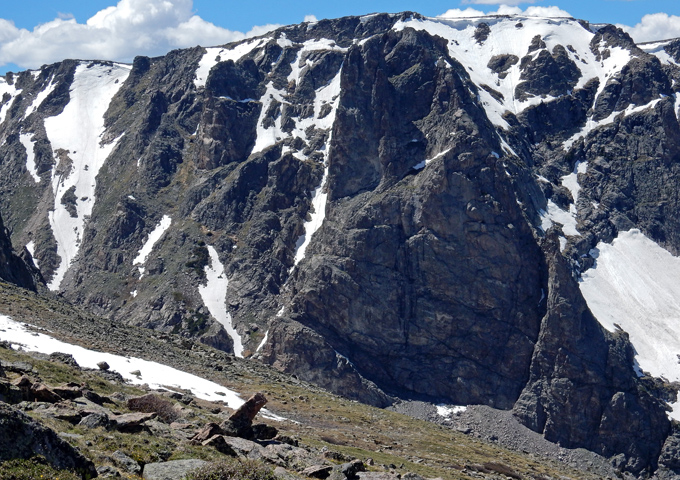 Distant view of Notchtop Mountain and the left Notchtop Couloir looking deceptively steep