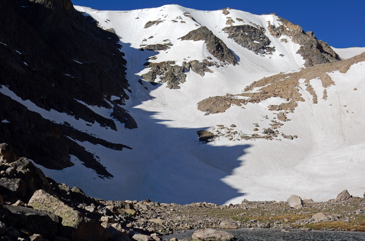 View of Ptarmigan Fingers couloirs while entering Odessa Gorge