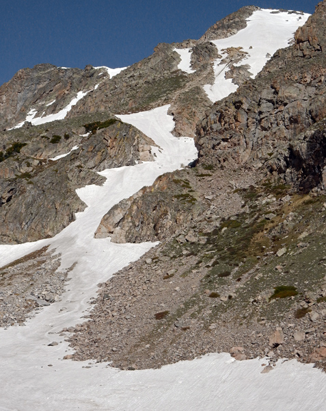 View looking up at the left Notchtop Couloir in Odessa Gorge