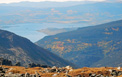Lake Granby surrounded by fall colors, as seen from near the Continental Divide