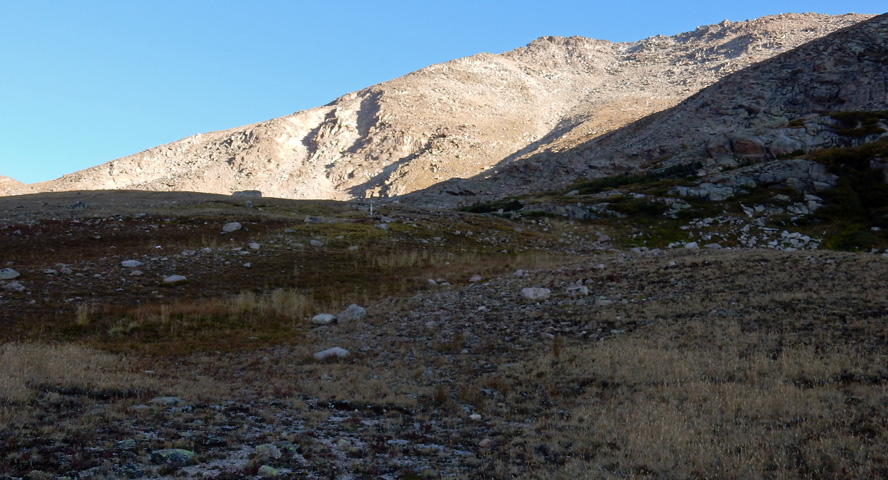 View of Hagues Peak in early morning sun from above Lawn Lake