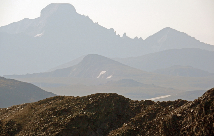 Very smoky view of Longs Peak and Pagoda Mountain from Mount Ida