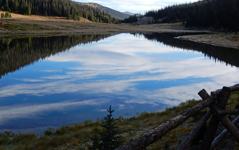 Sky reflection in Poudre Lake at Milner Pass, at 8:11 AM