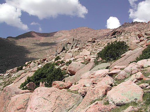 The east side of Pikes Peak as seen from tree line on the Barr Camp trail