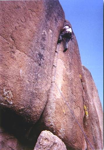 Myself struggling up Plumb Line at the Citadel area at Vedauwoo, Wyoming