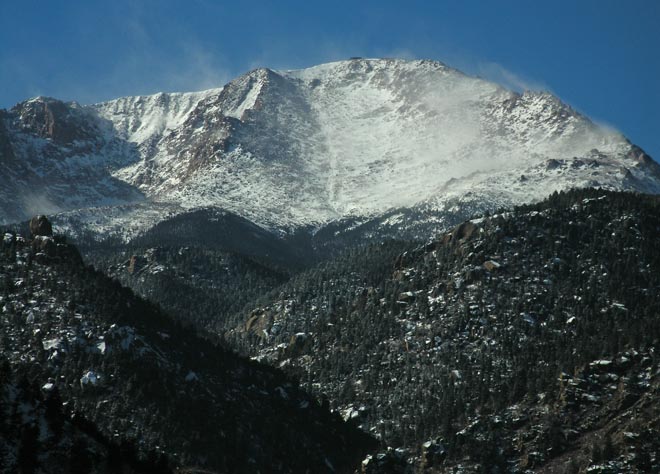 Zoomed in photo of Pikes Peak from Manitou Springs