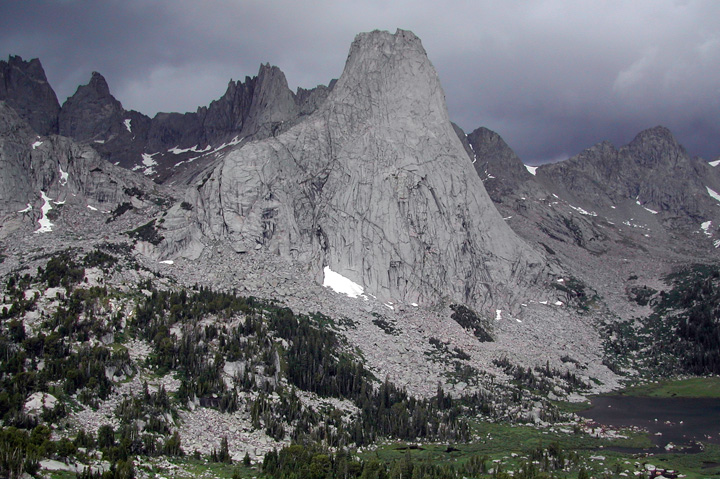 Pingora Peak with Wolf's Head in the background and a storm overhead, Cirque of the Towers, Wind River Range, Wyoming