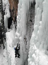 Chris Warner of Santa Barbara, California, climbing Dead Ringer on the Five Finger Wall in the Ouray Ice Park, Ouray, Colorado